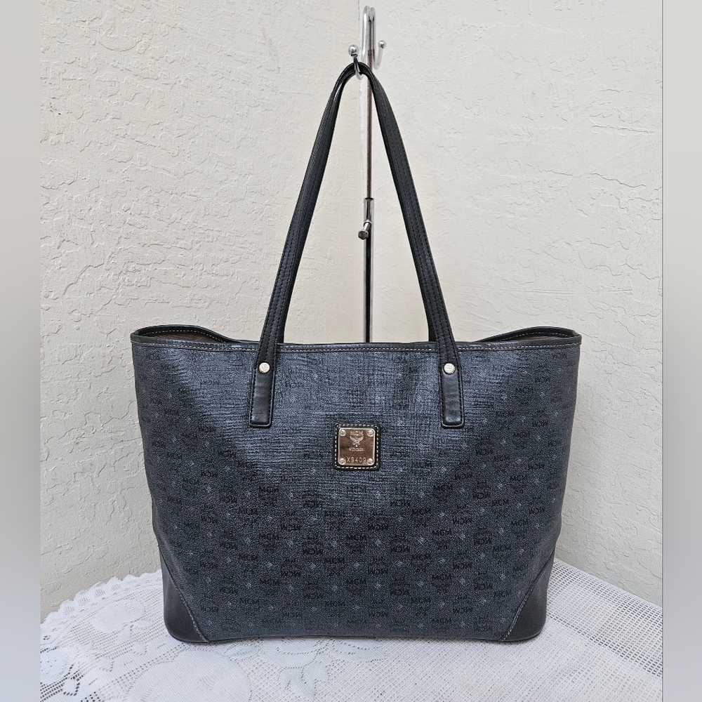 Authentic MCM Black/Charcoal Monogram Tote in good condition
